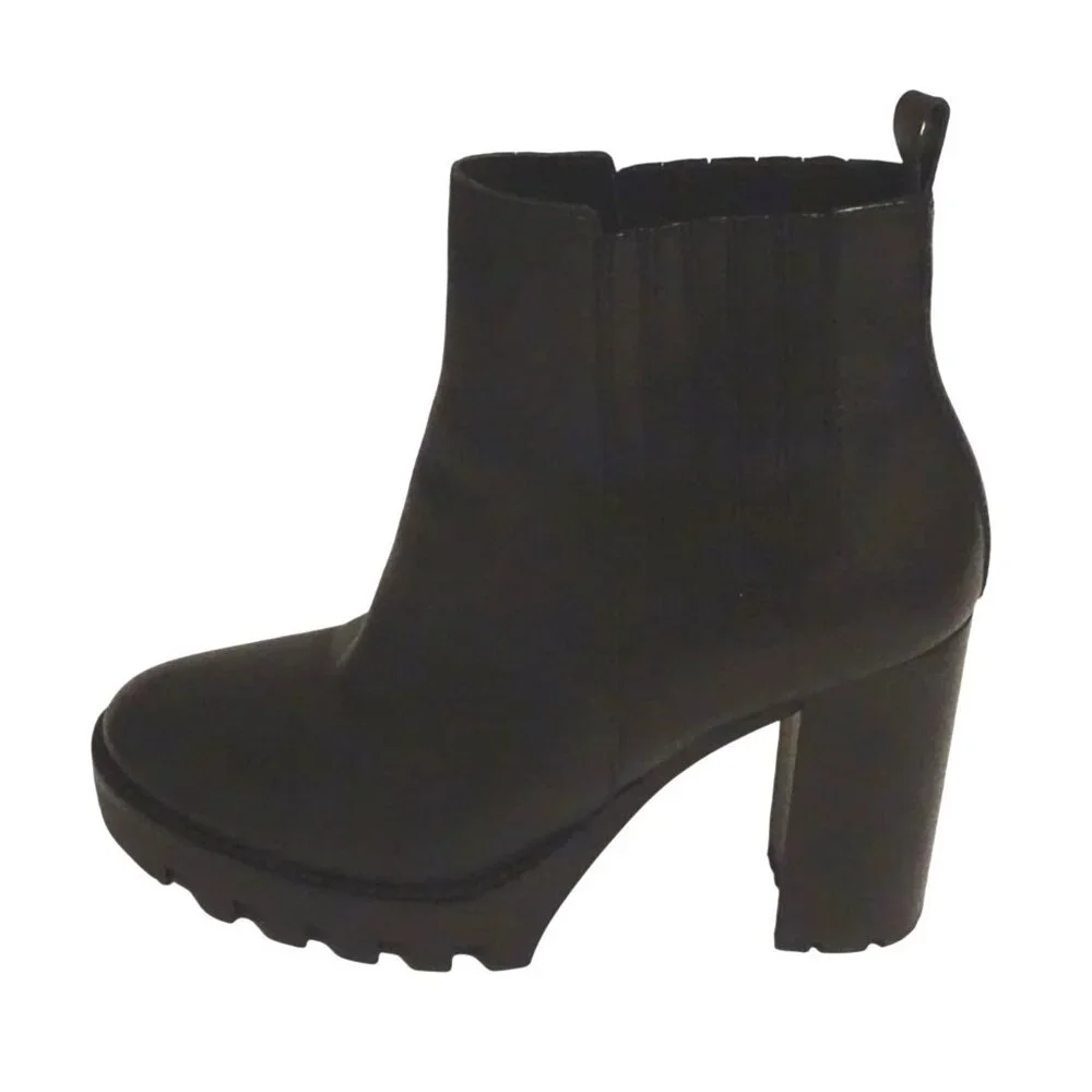 Antonio Melani Black Leather Chunky Lug Block Heel Chelsea Boots Women Size 9 M - Picture 1 of 9